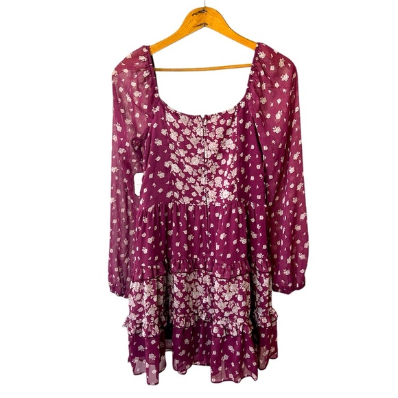 NWT Altar’d State | Women’s plum Theresa tiered white floral lined mini dress, L - Picture 6 of 16